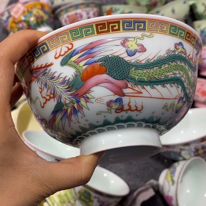 摆件瓷6寸绿稀土龙凤面碗