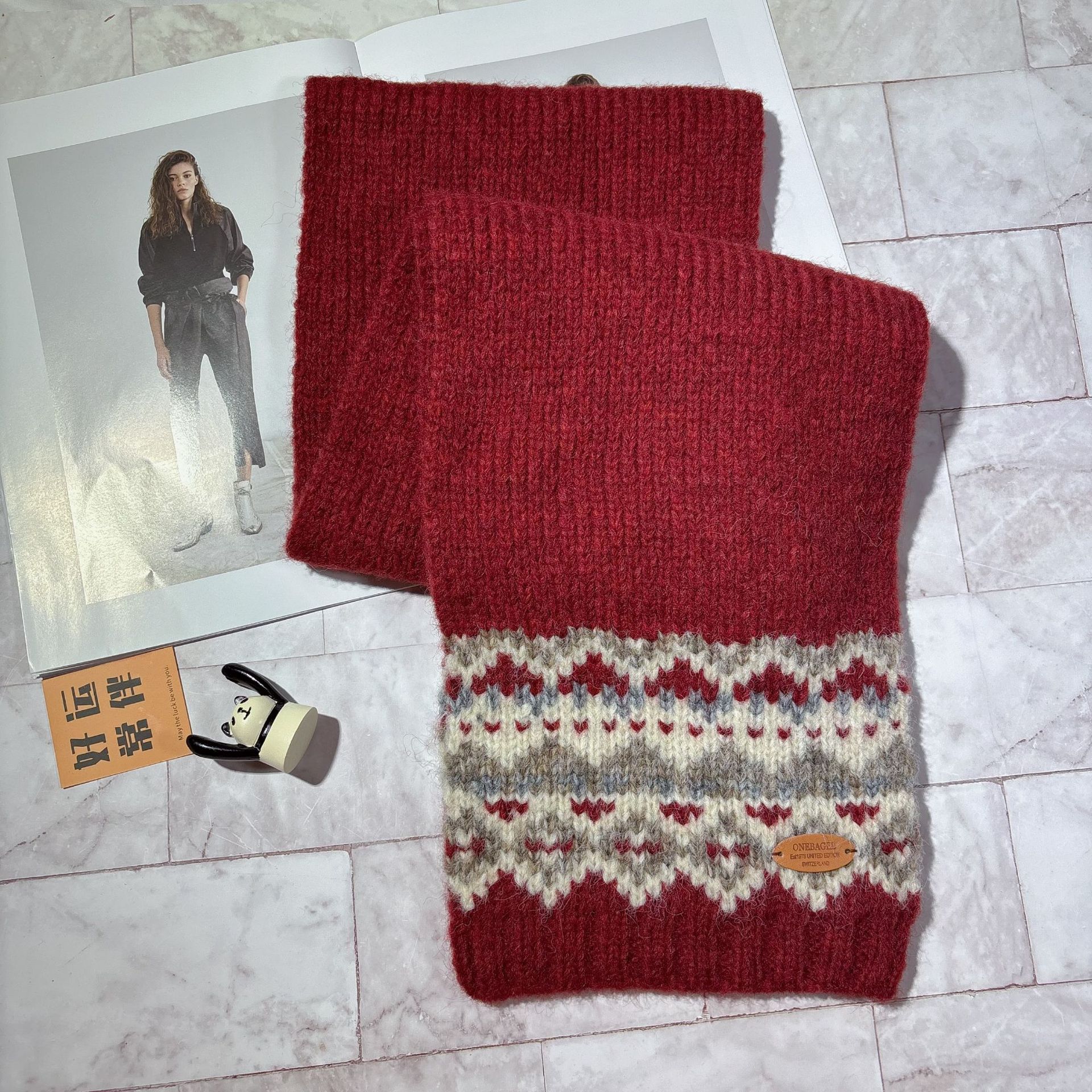 费尔岛圣诞节针织毛线红色围巾女冬季2024新品韩系氛围感保暖围脖