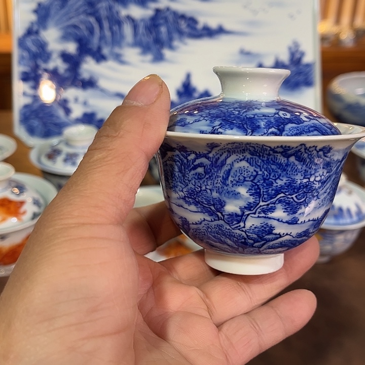 錡手工手绘盖碗山水