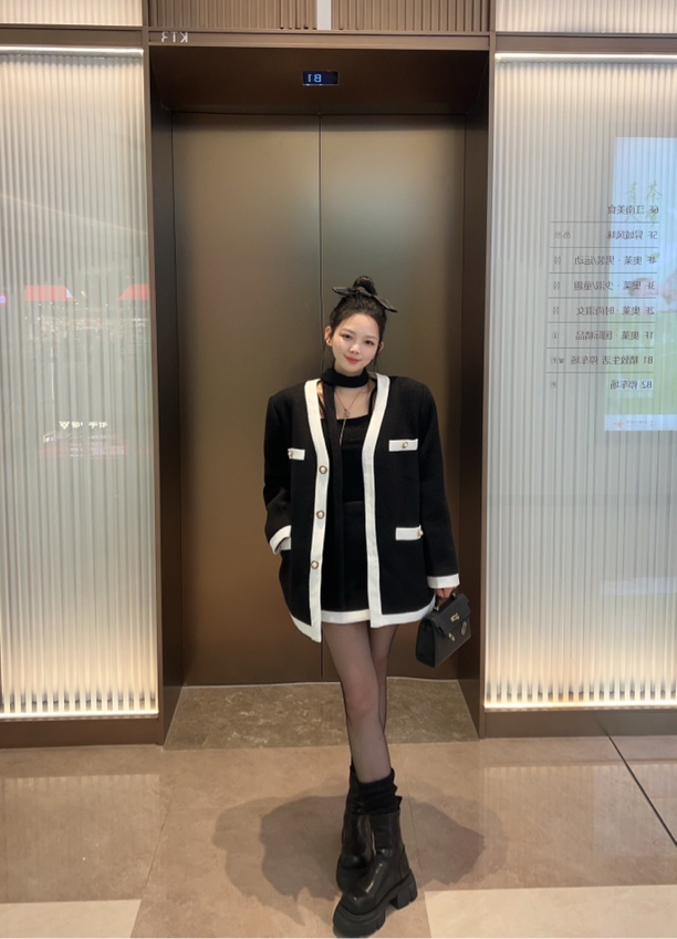 【TX】气质排扣中长小香羽羽外套/拼色百搭半身裙/挖肩长袖内搭