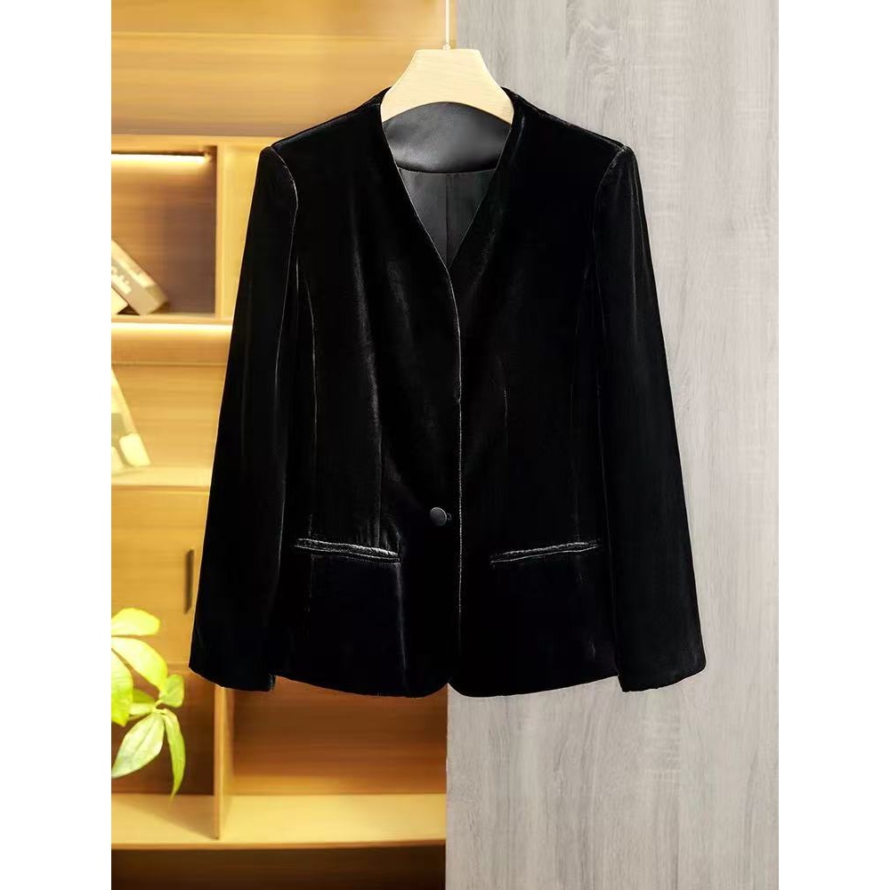 秋款真丝丝绒潮流一粒扣修身休闲女士西装外套