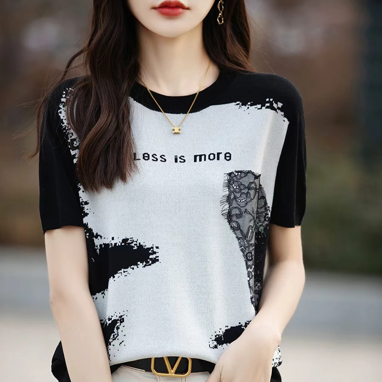 【集合店】薄款短袖毛针织衫休闲宽松型夏季宽松上衣时尚打底衫