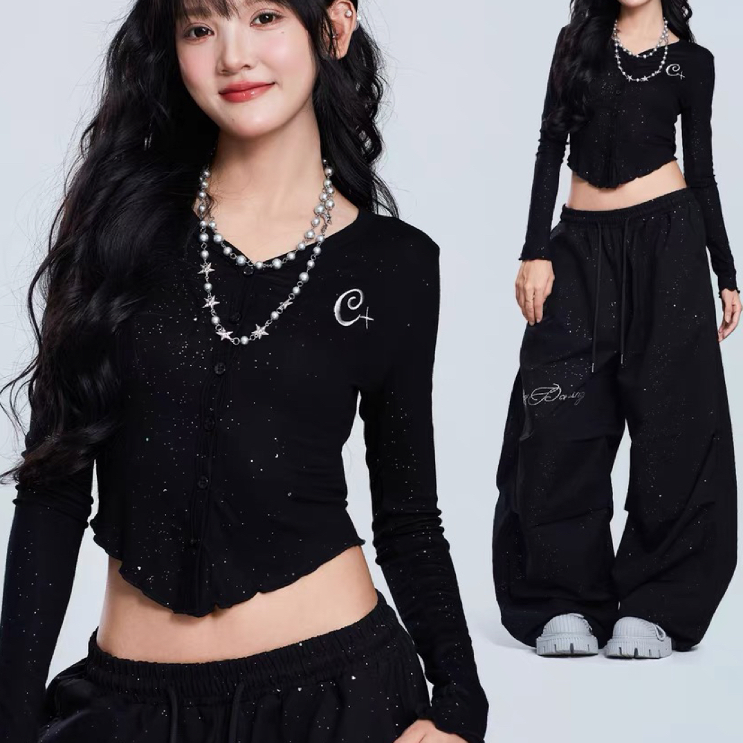潮牌"满天星闪钻"设计感跳舞上衣辣妹爵士紧身时尚长袖
