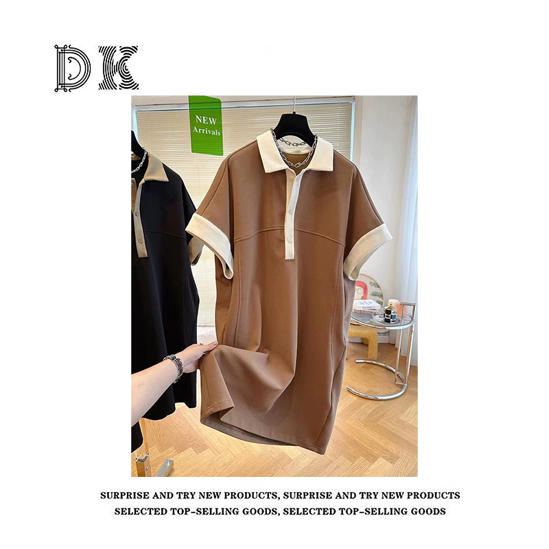 DK 2025夏季新款女式撞色拼接Polo领短袖宽松中长款连衣裙 15373