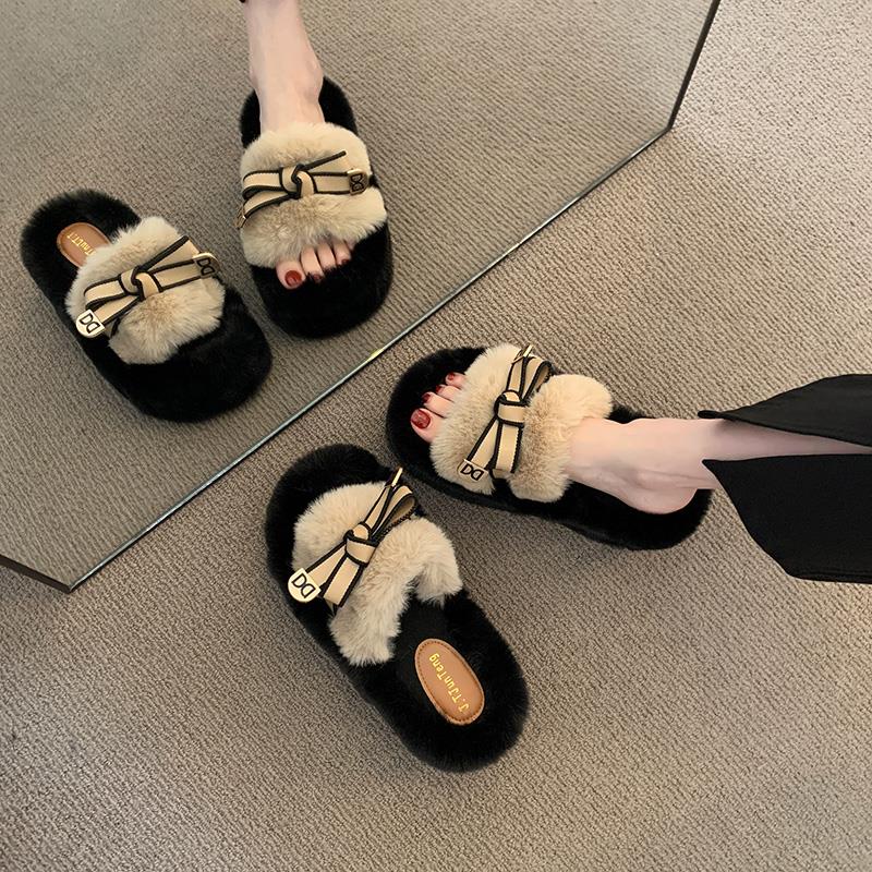 增高4cm小个子棉女2025秋冬新款毛毛拖鞋女外穿高级感