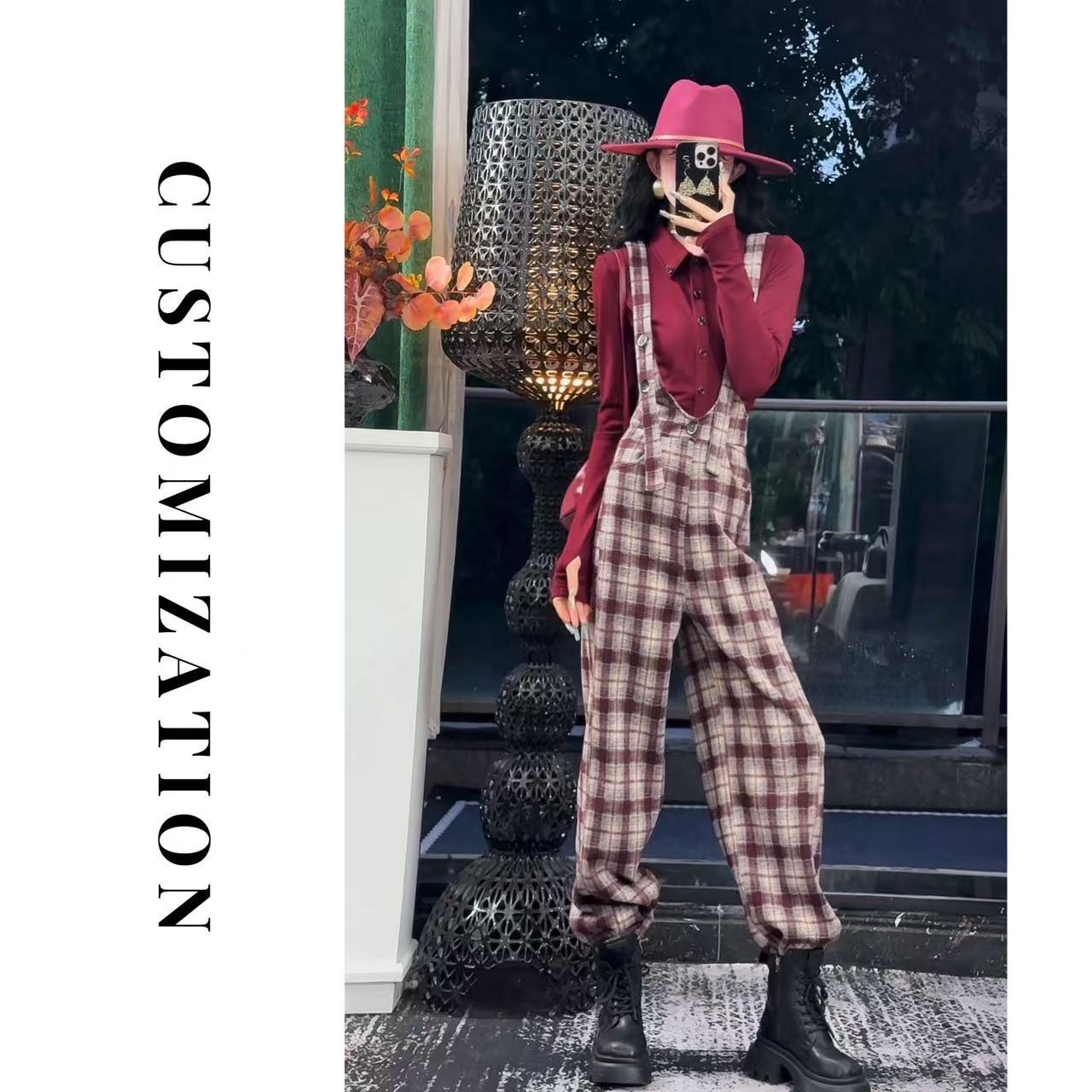 2025冬款方格子背带长裤纽扣设计高腰显瘦加厚百搭背带长裤3104