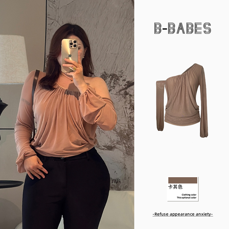 B-babes【秋风暖意】复古高级褶皱设计长袖上衣微胖显瘦弹力网纱T恤