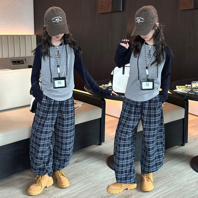 女童针织帽衫格子裤套装2025新款韩版中大童洋气休闲时尚两件套潮