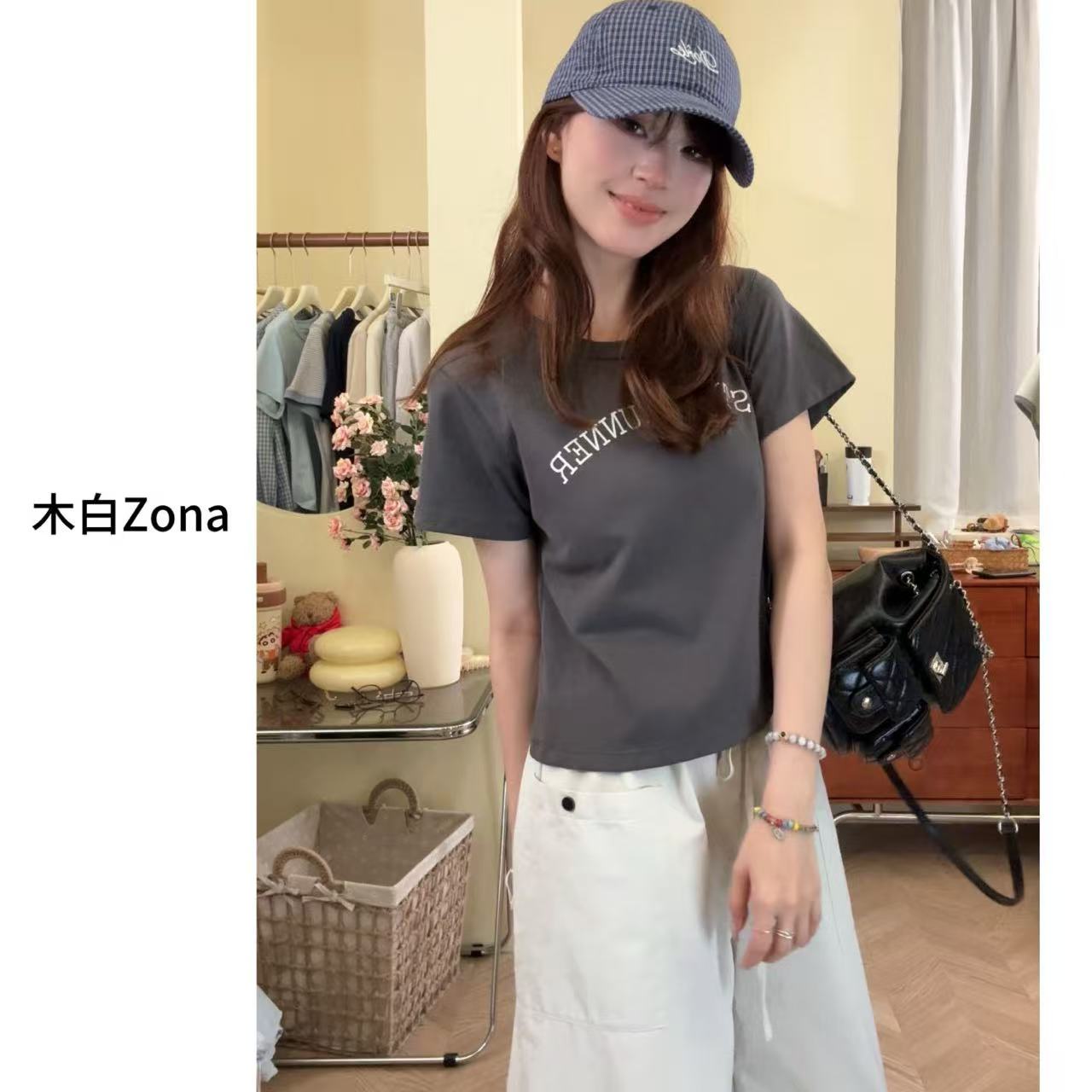 【木白】“简约派”夏季新款简约气质休闲减龄时尚短袖T恤短款