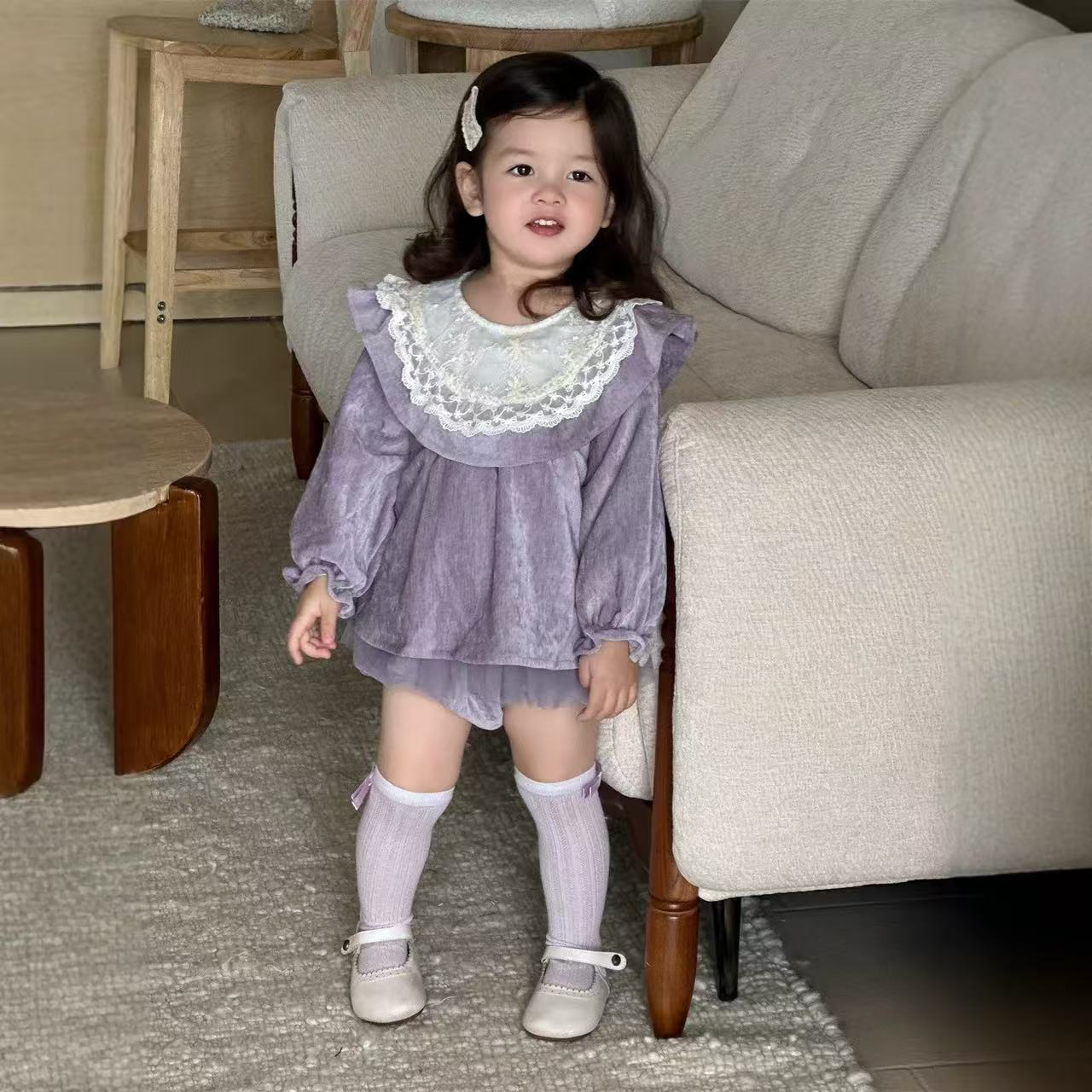 春秋款宝宝外出韩版可爱蕾丝娃娃领长袖包屁衣