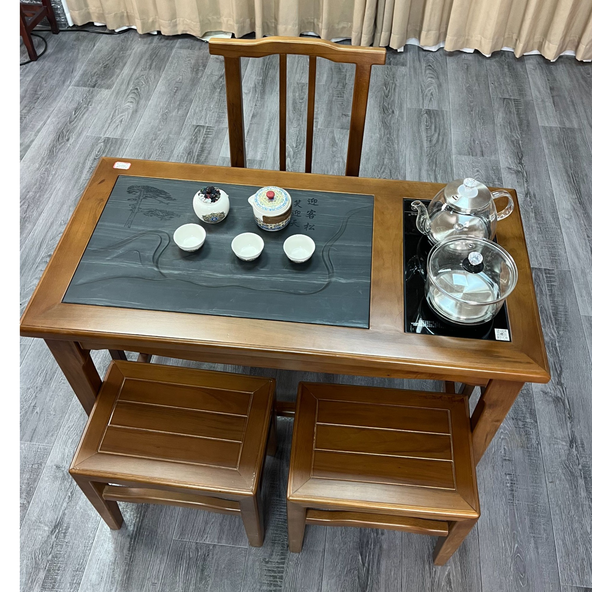  全实木简约新中式功夫茶桌泡茶台北欧带抽屉客厅阳台长方形茶桌