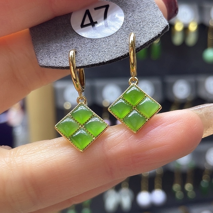 和田玉耳饰银S925镀金镶嵌