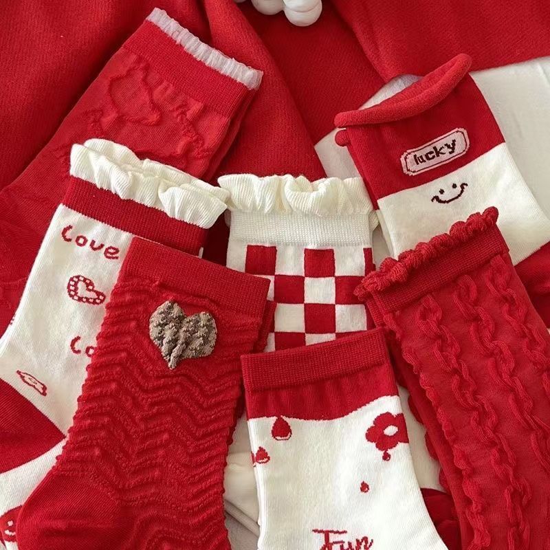 红色女士喜庆日系花边设计中筒袜子春秋款过年本命年必备