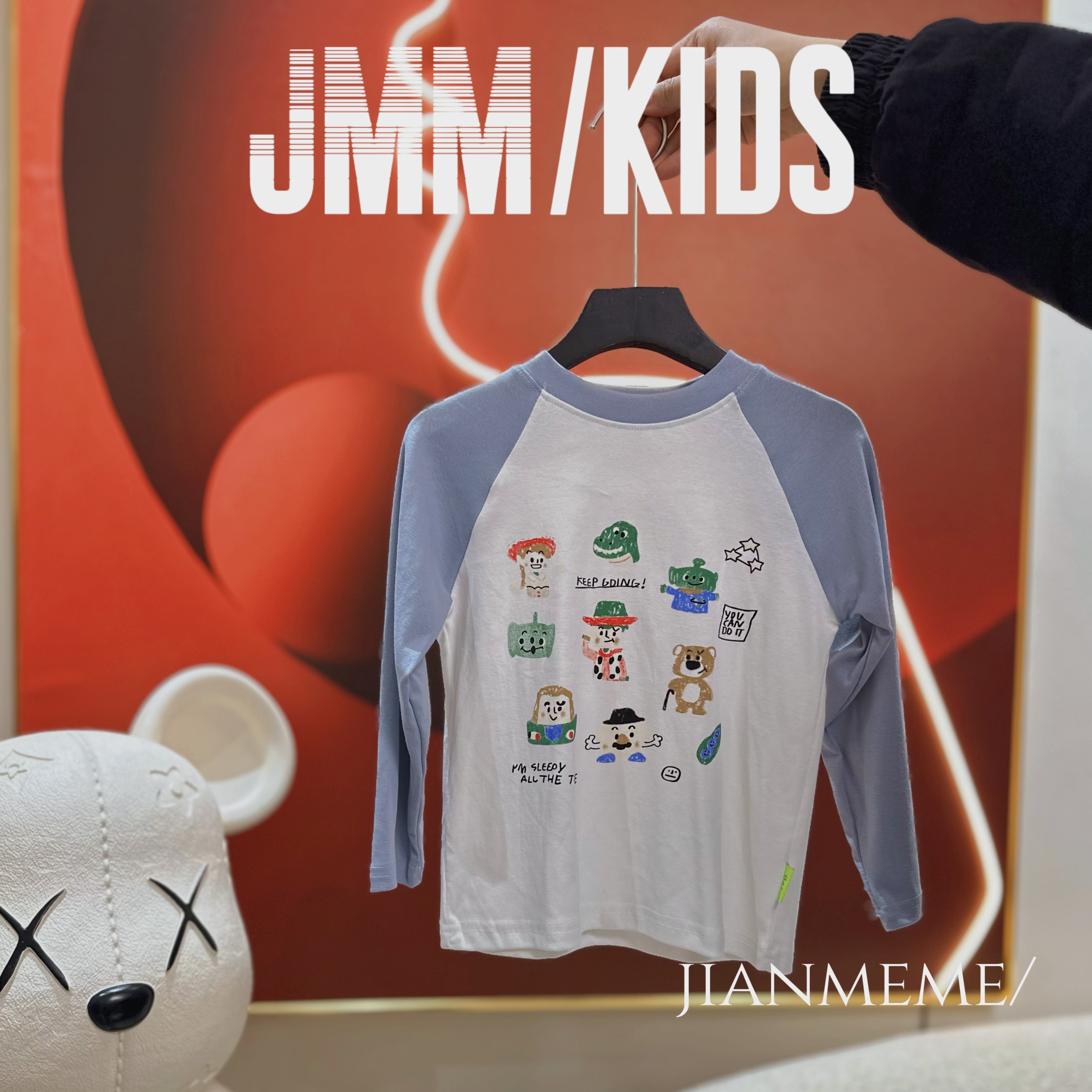 夏单品-蓝白卡通拼接F185 新款卡通印花插肩袖打底衫中小童上衣