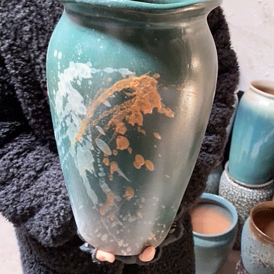 紫砂花盆口19高35，墨绿，处理