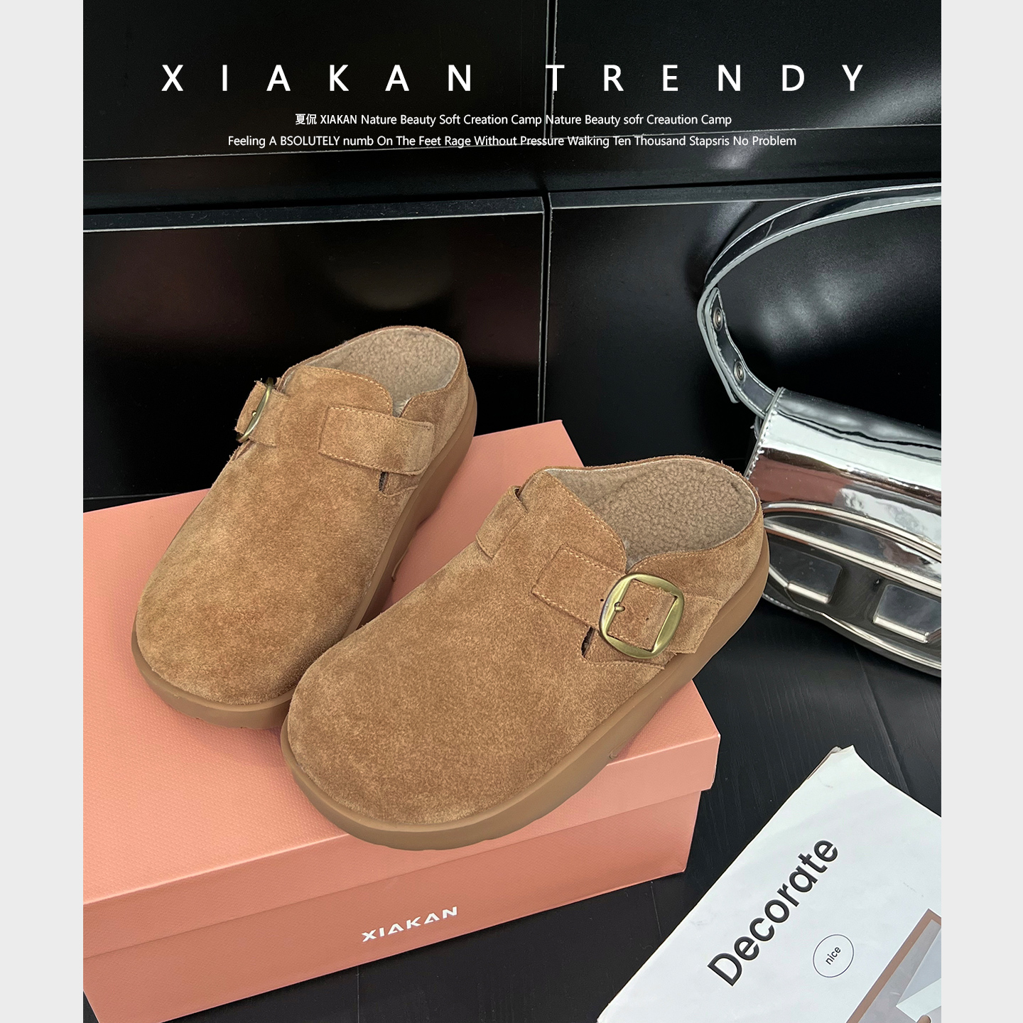 夏侃XIAKAN 6cm内增高勃肯鞋女秋冬加绒半拖外穿保暖包头厚底拖鞋