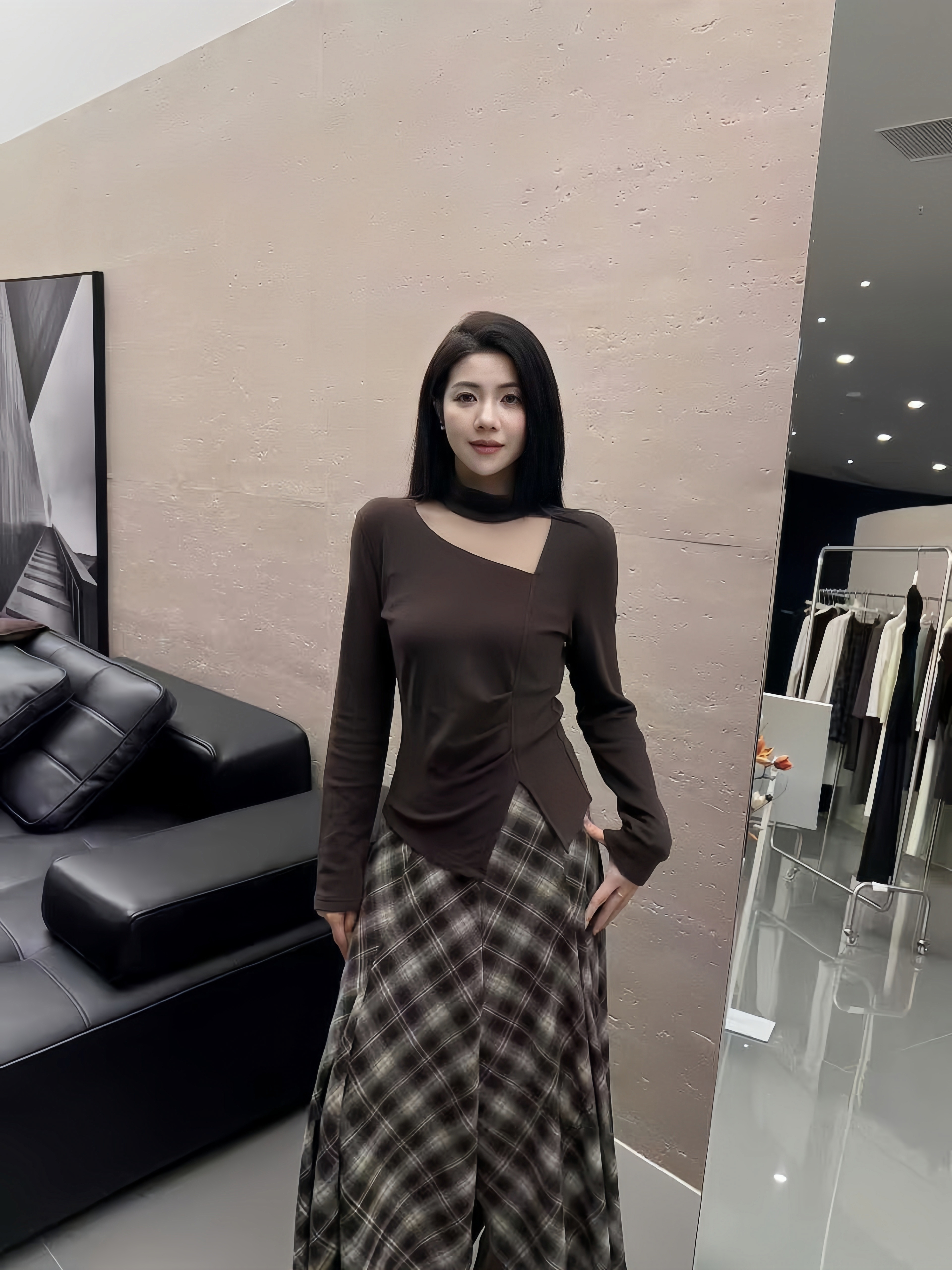 修身型短款宽松型长袖圆领T恤复古设计感收腰针织衫-69602