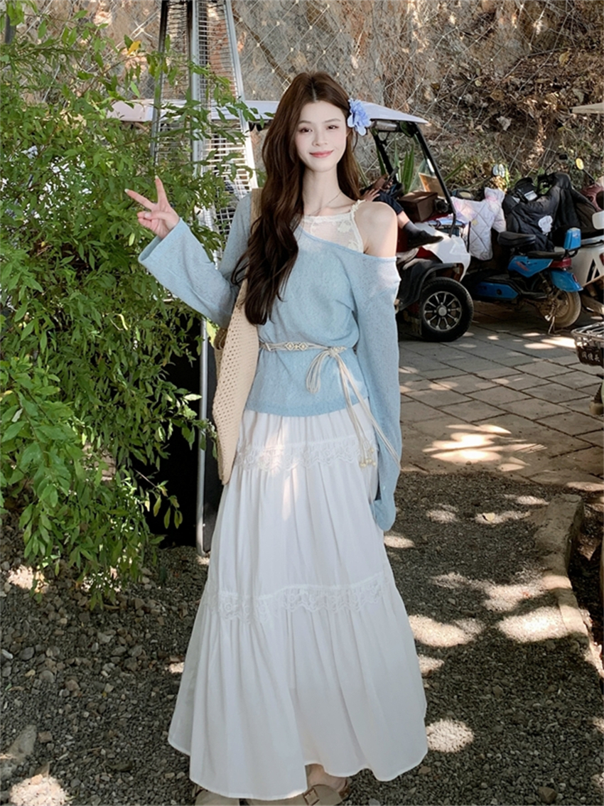 5716#实拍 温柔甜妹风长袖圆领假两件T恤上衣+蕾丝花边蛋糕半身裙