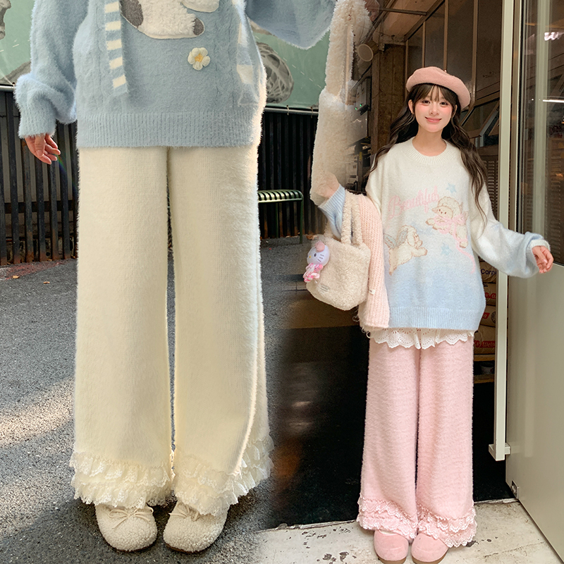 森女部落甜美风纯色直筒休闲裤女2025新款秋冬花边宽松加绒阔腿裤