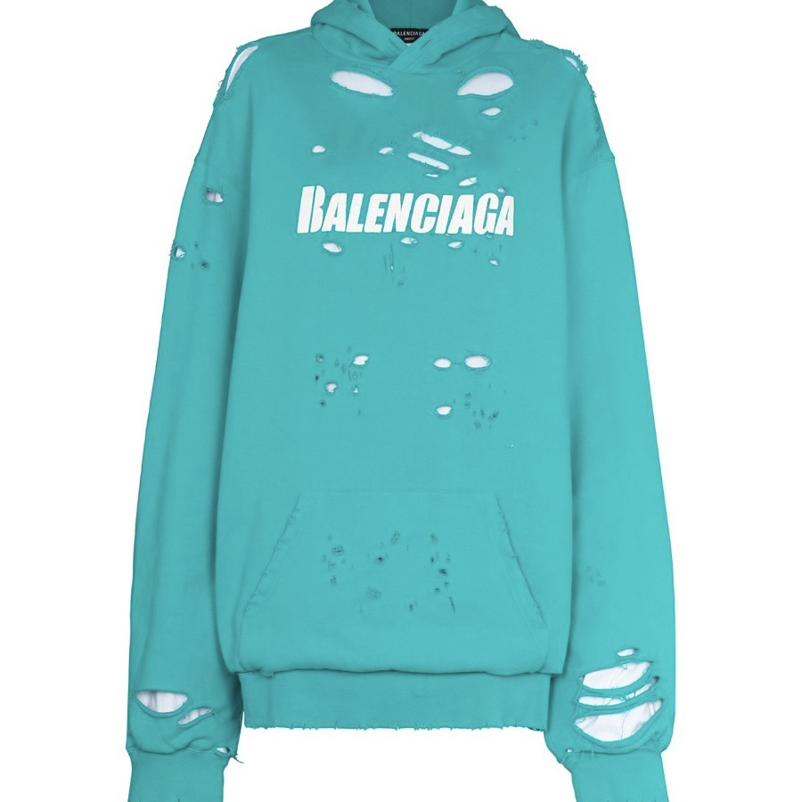 全新未使用 Balenciaga/巴黎世家 字母logo大破洞帽衫 天蓝色宽松