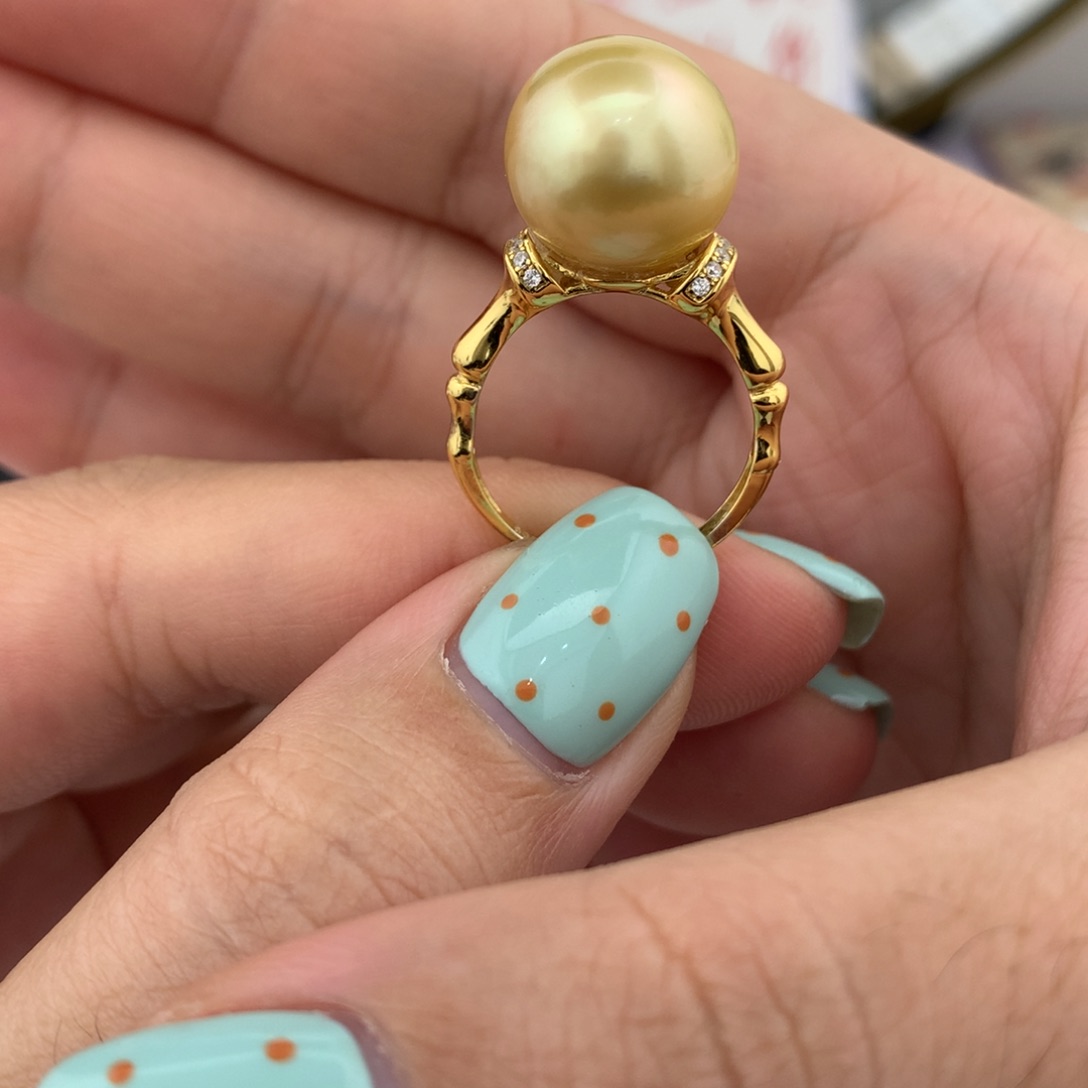 未镶嵌裸珠海水珍珠12-13mm金珠戒指特价不退换