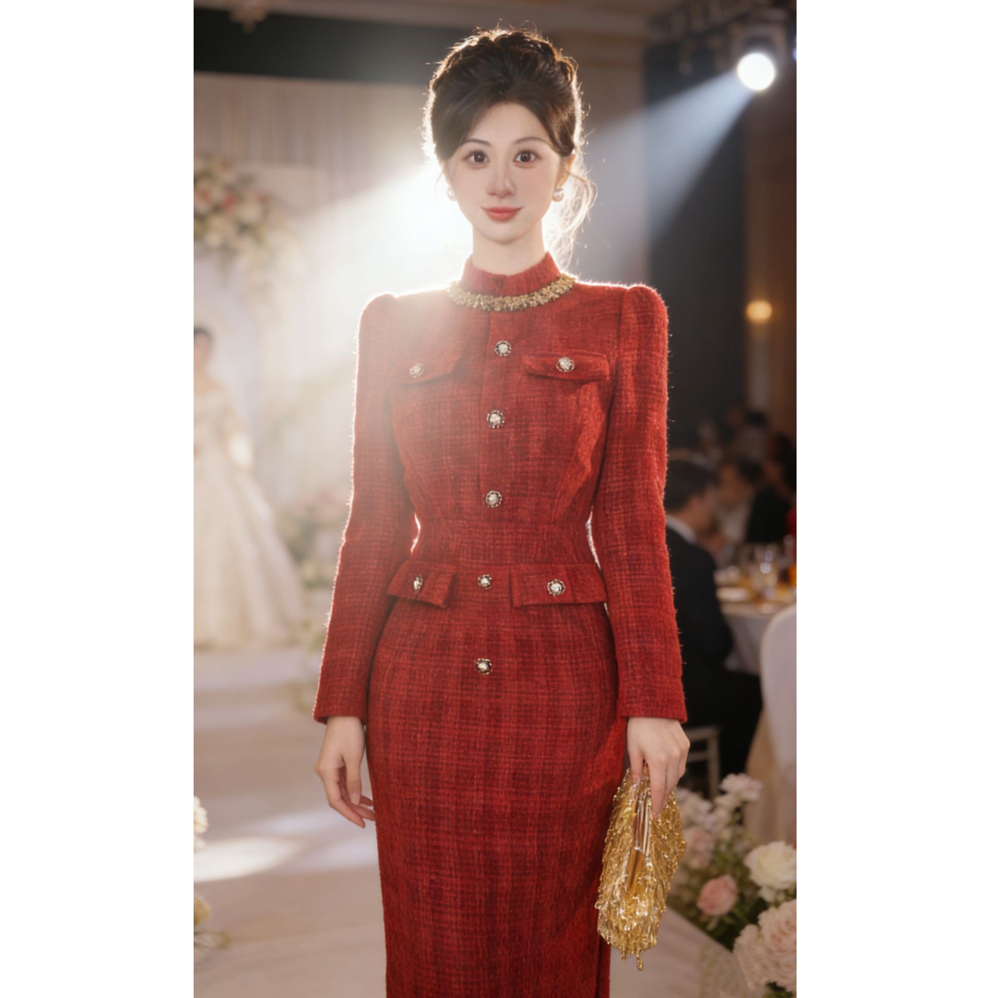 【张小小】【加绒加厚】【红】小香风名媛时尚中长款高端连衣裙女D4338