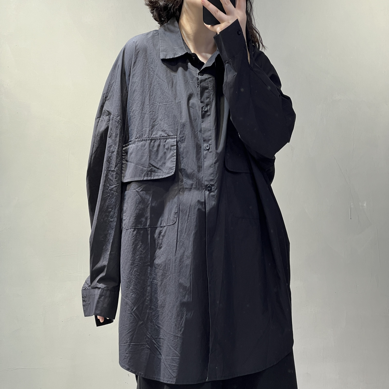 常规潮酷风中长款衬衫翻领黑色休闲韩版长袖