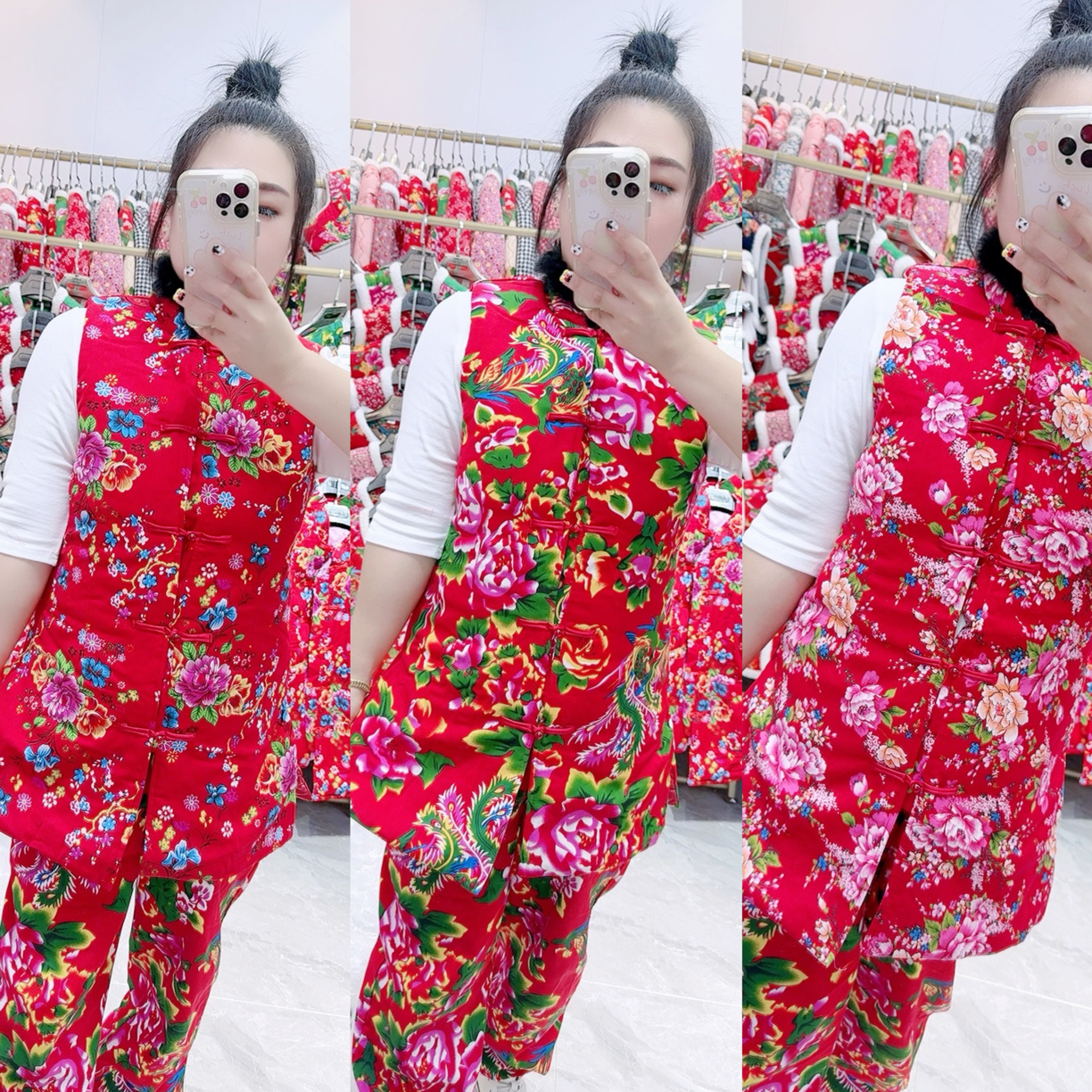 东北大花马甲民族风扭秧歌打鼓服广场舞演出中长款黑毛边马甲