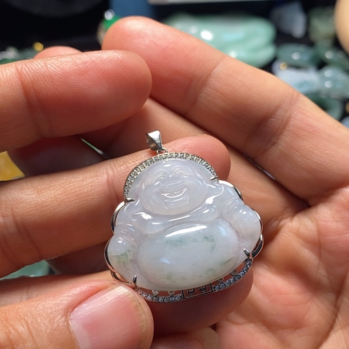 翡翠银S925镶嵌颈饰天然缅甸翡翠A货飘花佛公微瑕