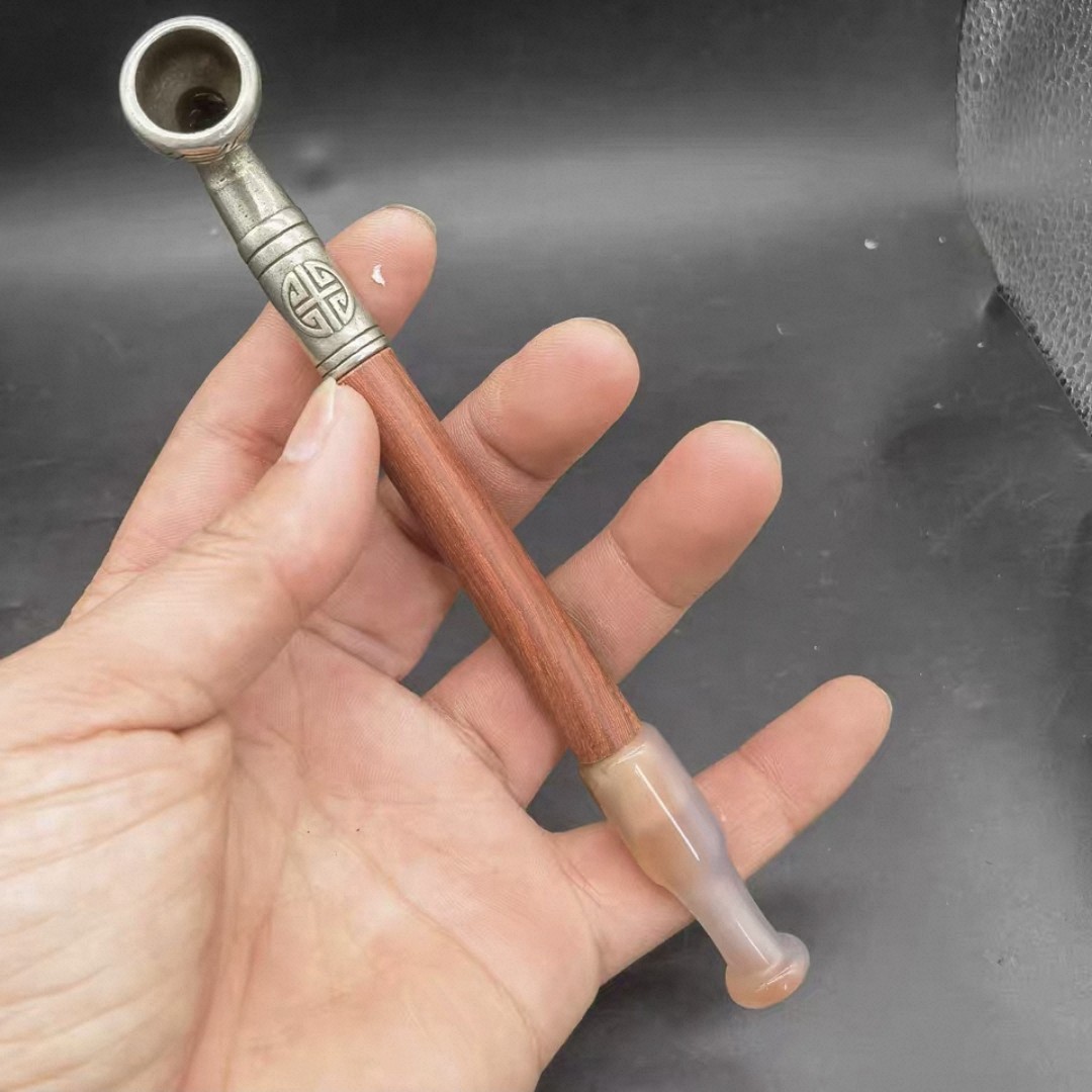玛瑙嘴白铜短款便携过滤旱烟袋烟斗烟具配件