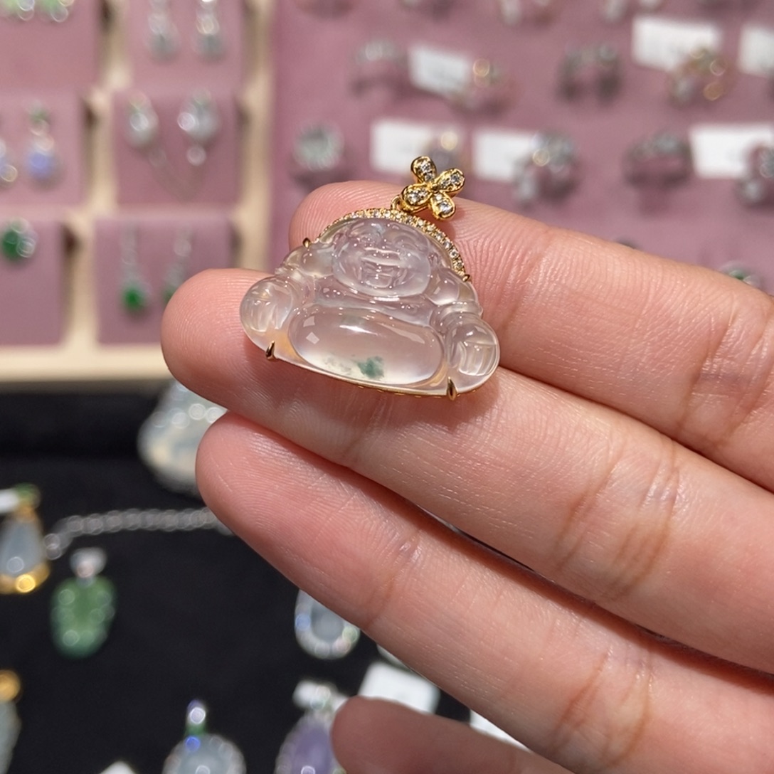 l***i翡翠18K金镶嵌颈饰纯天然缅甸翡翠A货佛公