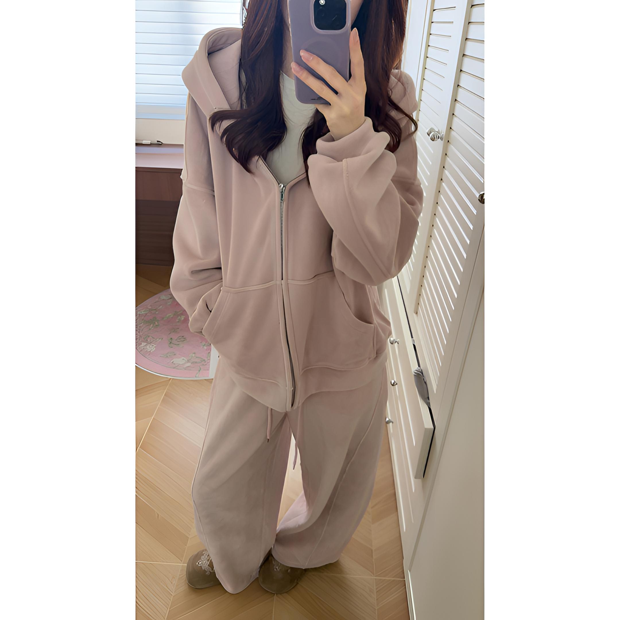 【7色入】秋冬490g双面奥粒绒连帽卫衣外套+加厚阔腿裤套装  C6008