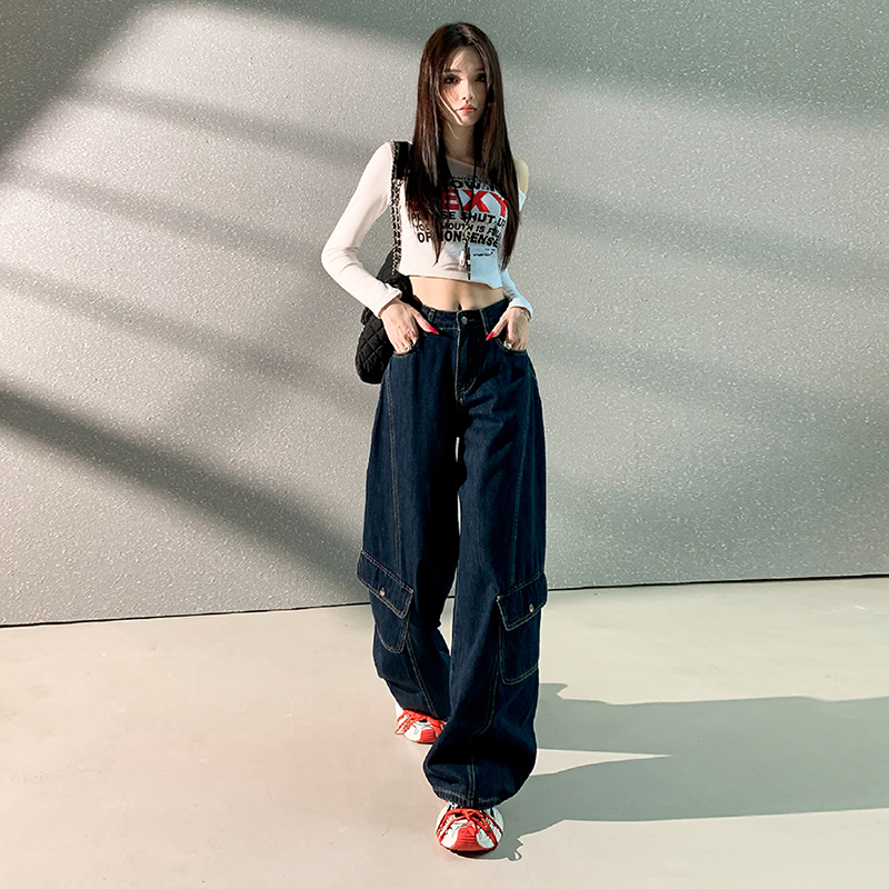 JM2025新款原色工装裤多口袋宽松牛仔裤女百搭显瘦