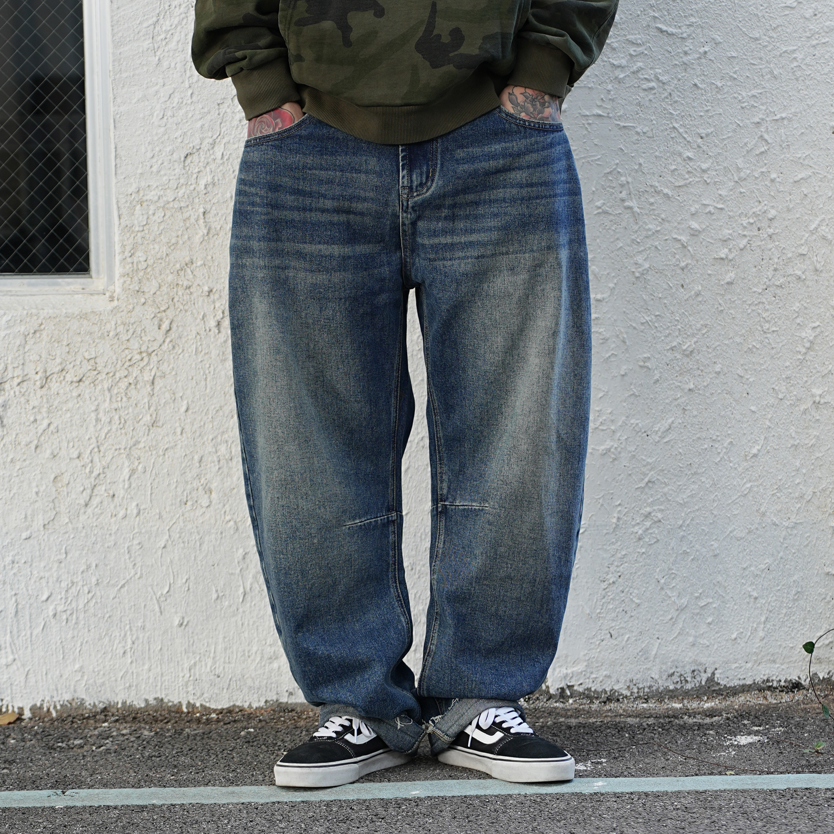 25FW日系街头宽松微锥牛仔裤复古水洗做旧休闲百搭牛仔裤秋季潮流