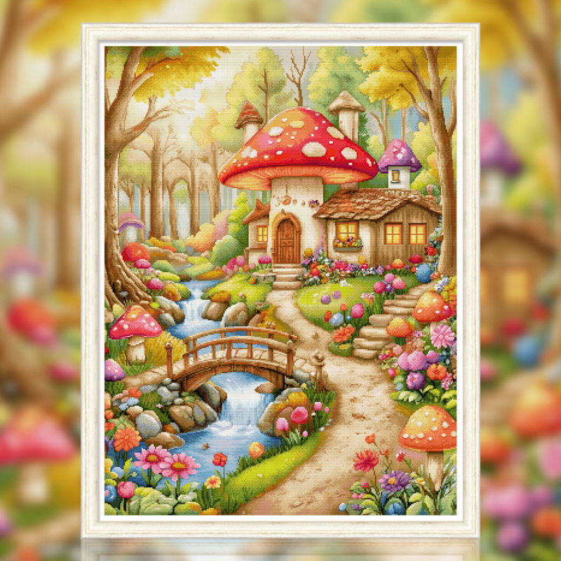 春天十字绣新款满绣蘑菇小屋十字绣线绣田园风景客厅卧室手工挂画