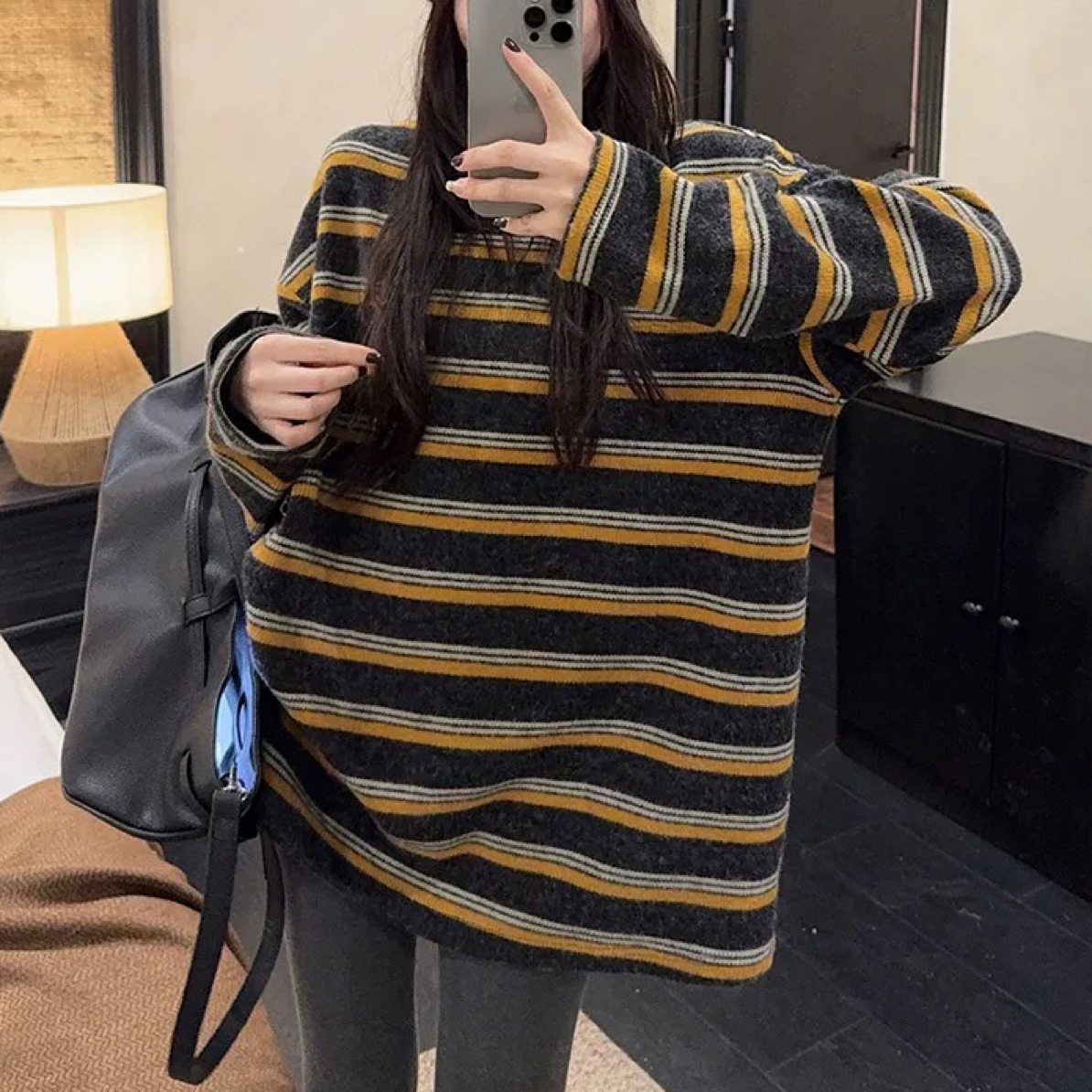 仿兔绒~显白撞色条纹长袖针织衫女秋冬慵懒宽松显瘦圆领卫衣25133