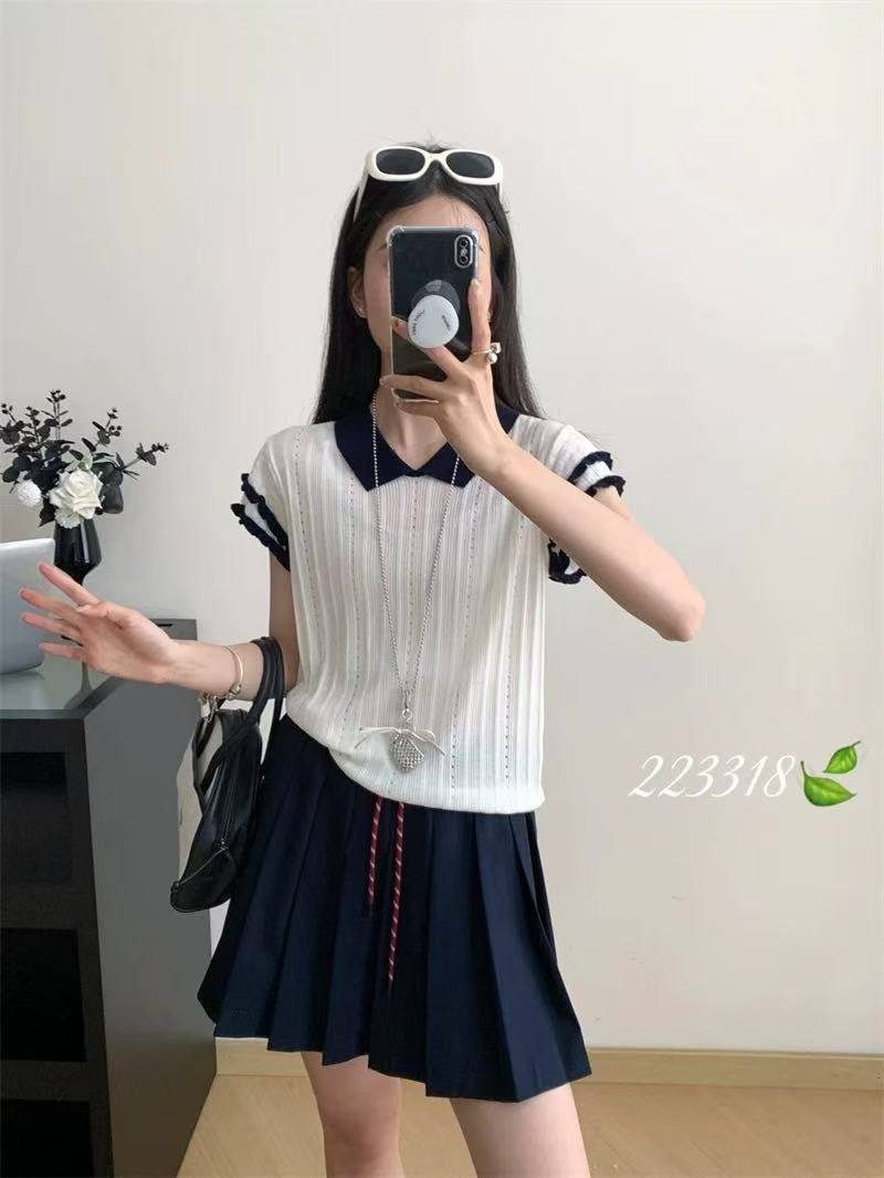 9812夏季薄款撞色木耳边针织短袖