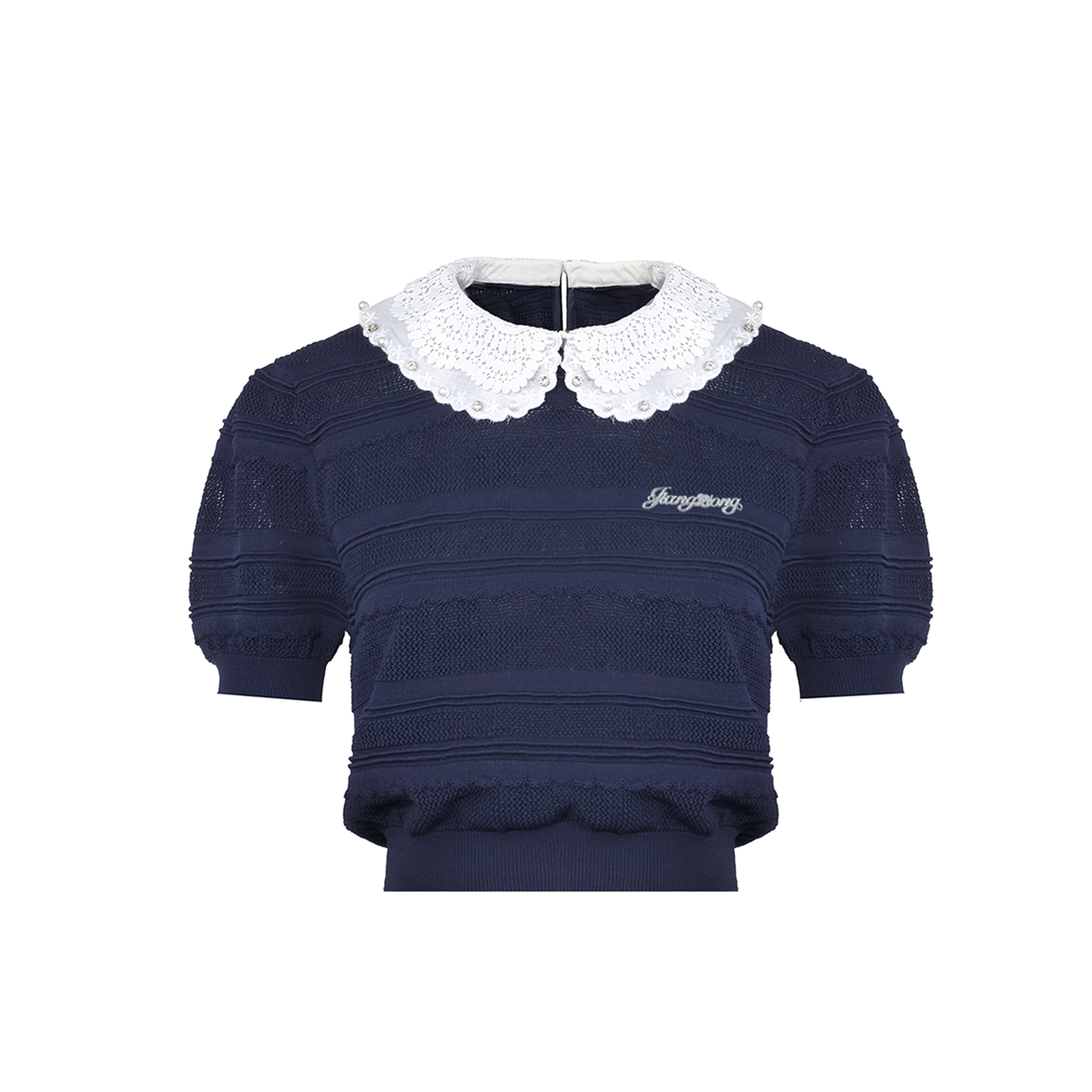 姜穹JIANGQIONG2025早秋珠花钉珠假领立体谷波花边镂空针织短袖女