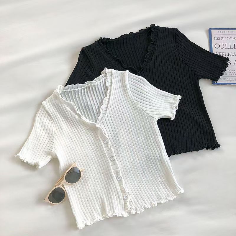 A098女童甜美木耳边V领针织开衫夏季新款韩版弹力修身纯色短款短