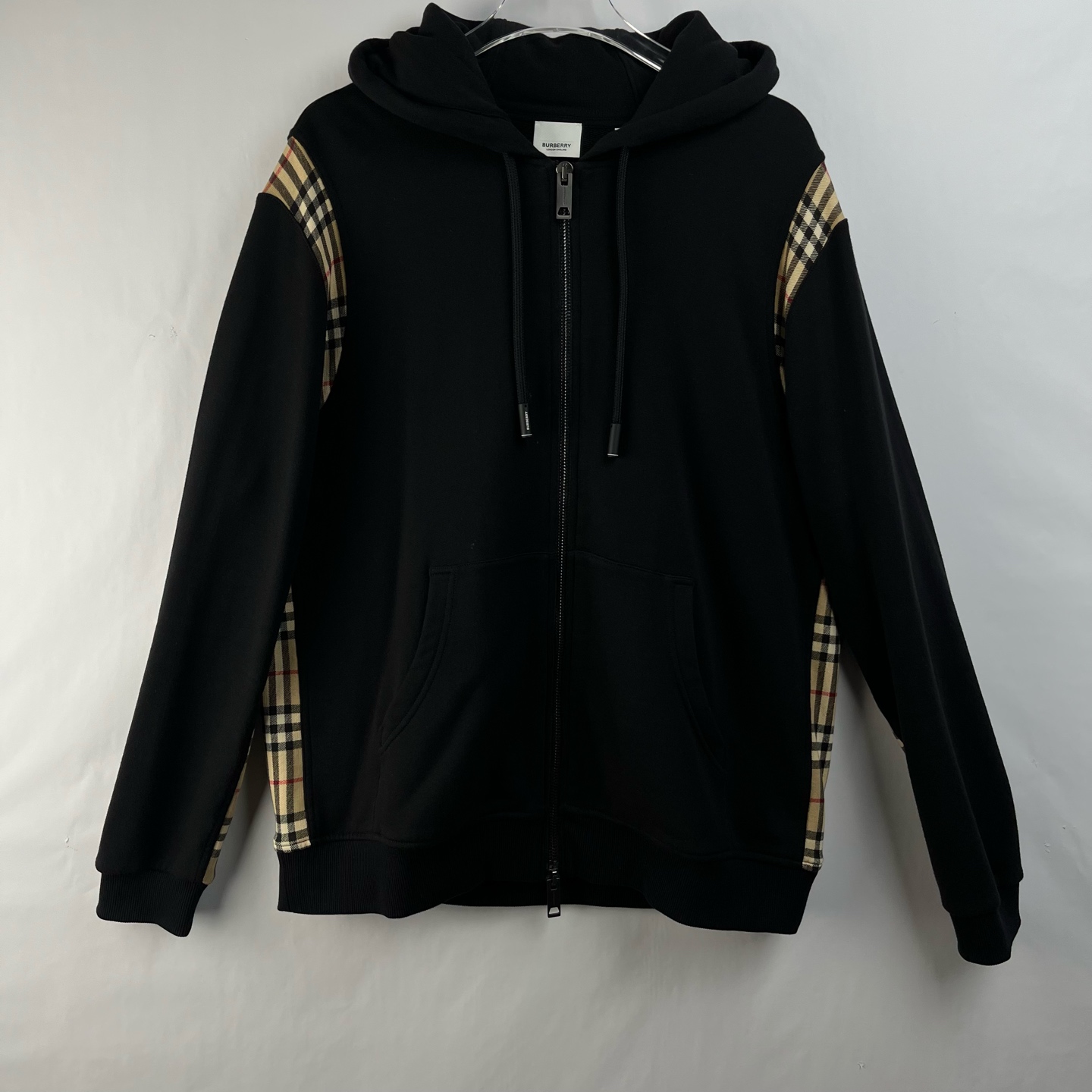99新 BURBERRY/博柏利 17436716 格纹拼接拉链连帽外套 黑色 L码