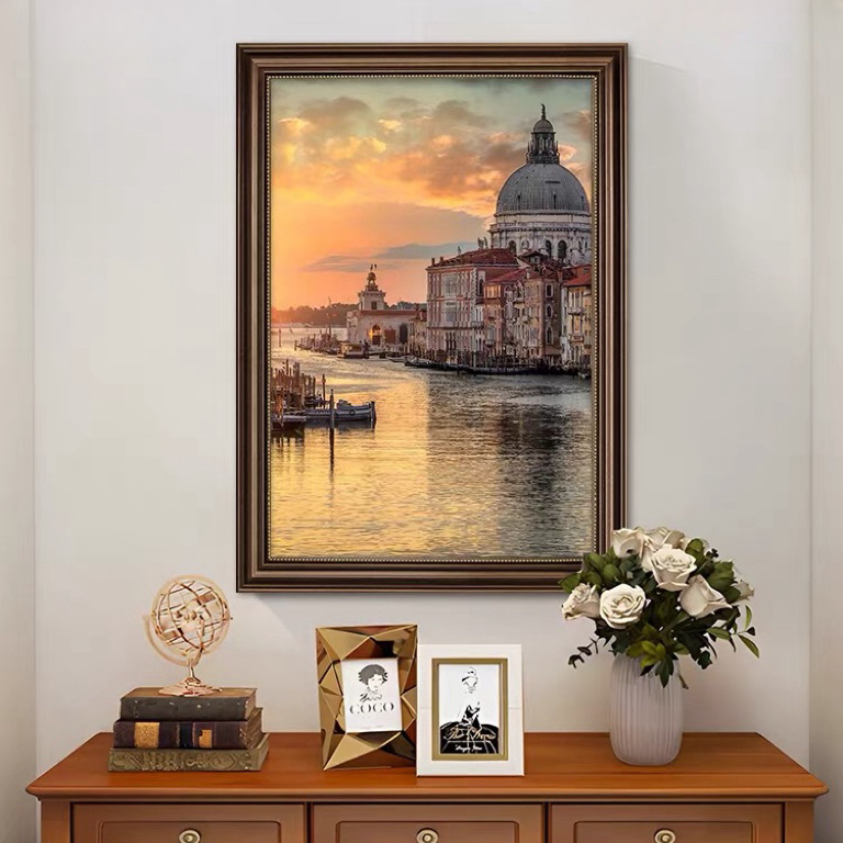 威尼斯城堡装饰画客厅餐厅挂画竖走廊过道壁画欧式复古建筑风景画