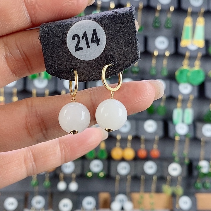 和田玉18K金镶嵌耳饰