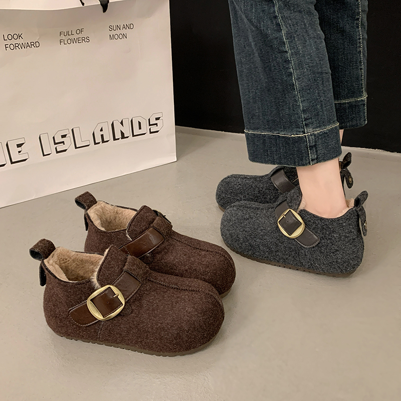 内增高平底灰色加绒全包勃肯鞋毛毛棉鞋女2025新款冬季毛呢雪地靴