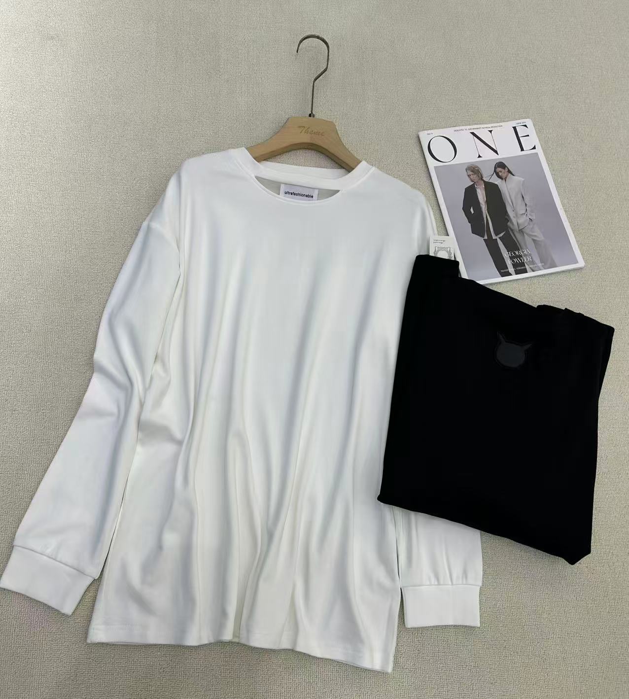 965211-3772 黑白加绒气质百搭白T宽松T恤衫