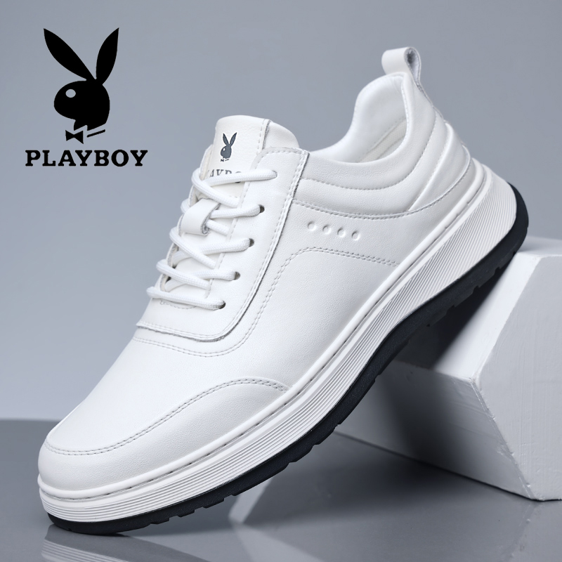 花花公子男鞋透气休闲皮鞋男士百搭潮流小白鞋真皮防滑系带鞋子男