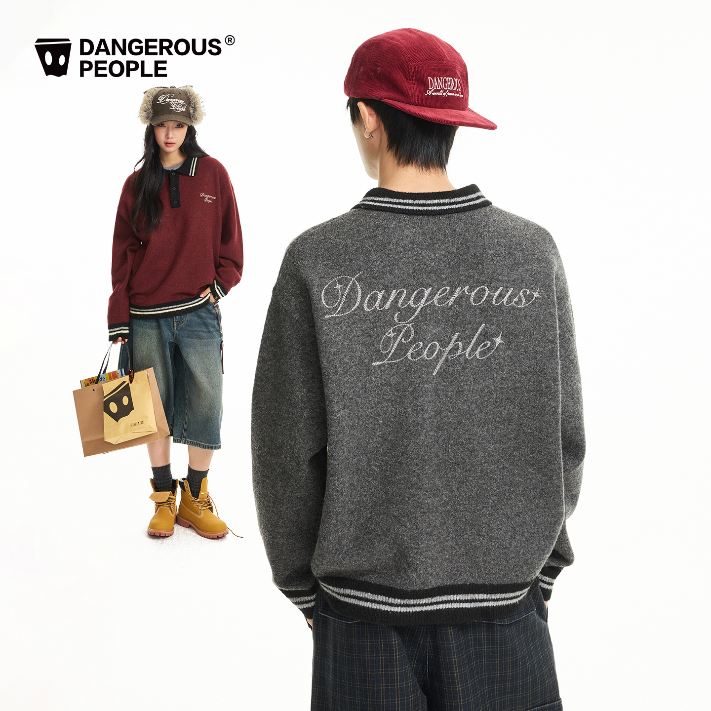 Dangerouspeople薛之谦dsp复古美式撞色polo针织衫落肩宽松潮毛衣