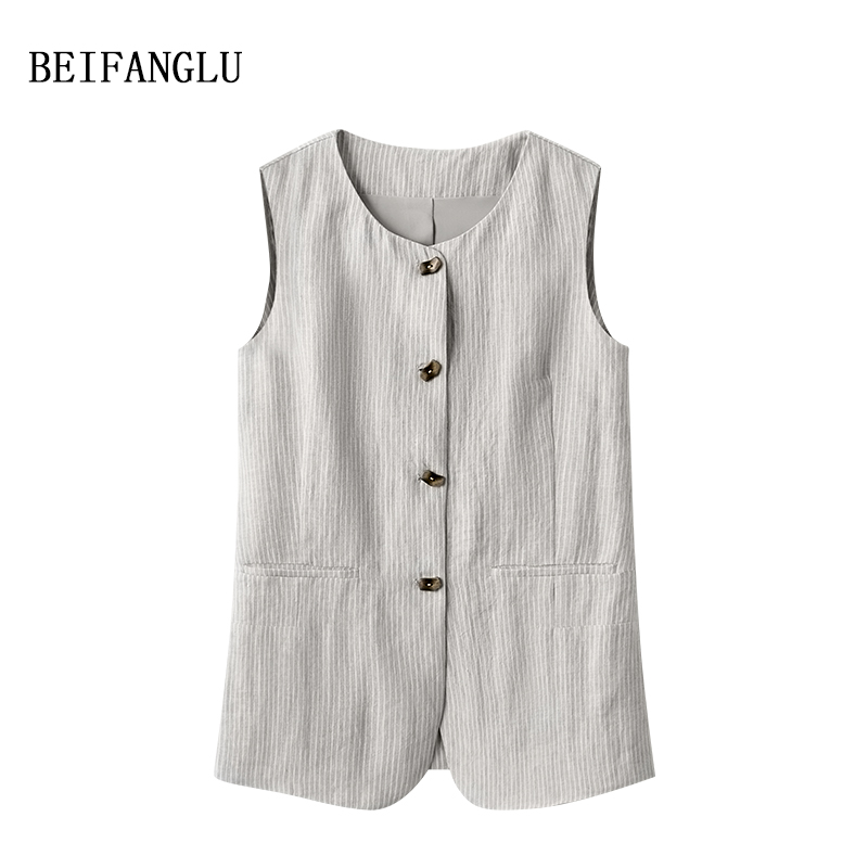 北方鹿【100%亚麻马甲】色织条纹肌理感老钱风无袖外穿马甲女19048