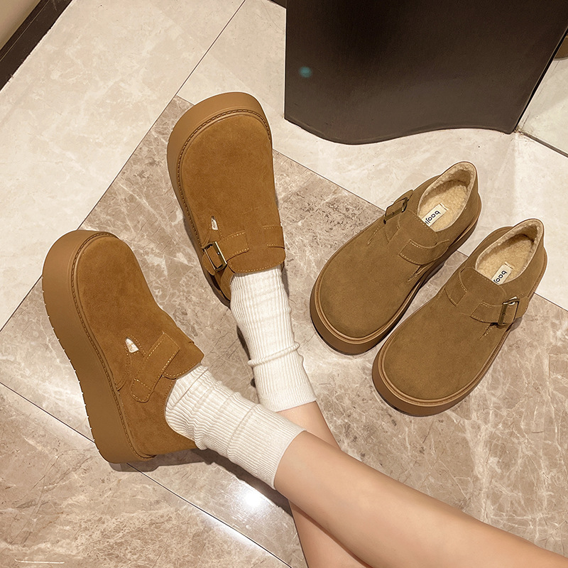 一脚蹬乐福毛毛厚底全包年勃肯鞋新款女冬棉鞋加绒复古保暖鞋