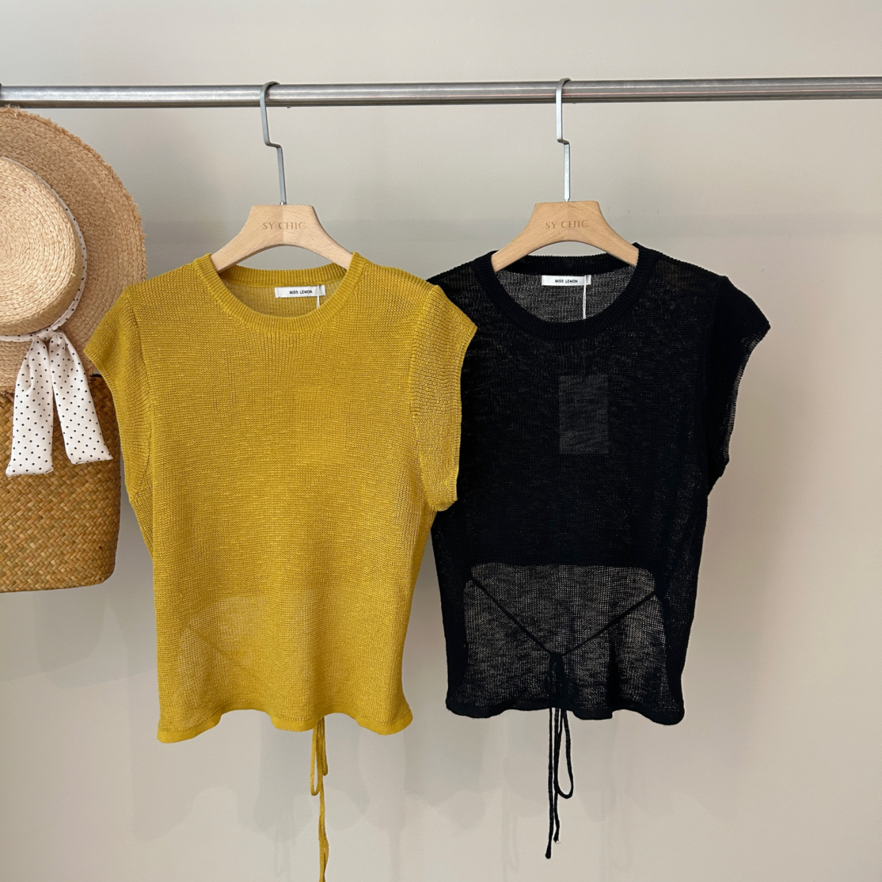 2025夏季新款设计感后背绑带针织上衣百搭宽松圆领无袖针织5955