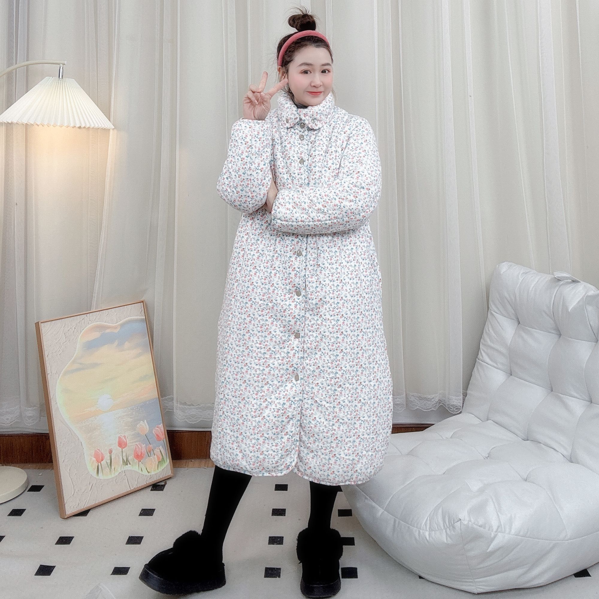 SANYUE新疆棉棉花【小清新】立领长款宽松家居服保暖棉服